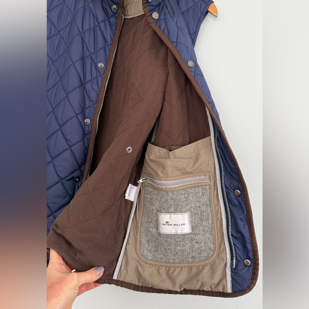 Peter Millar Vest Classic Essex Quilted Traveler Navy Blue and Brown Trim Men’s - Picture 7 of 16